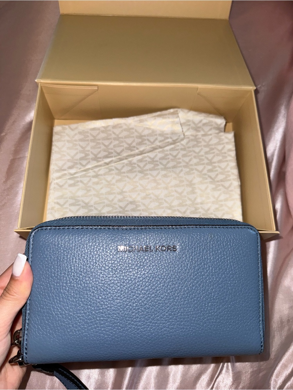 Michael Kors Dusty Blue Pebbled Leather Zip Wallet Wristlet